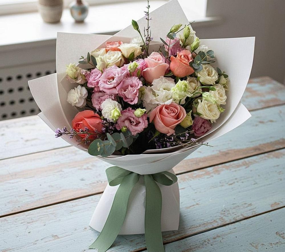 Букет цветов из: Розы, Лизиантусы и Гвоздики в Марков Лес