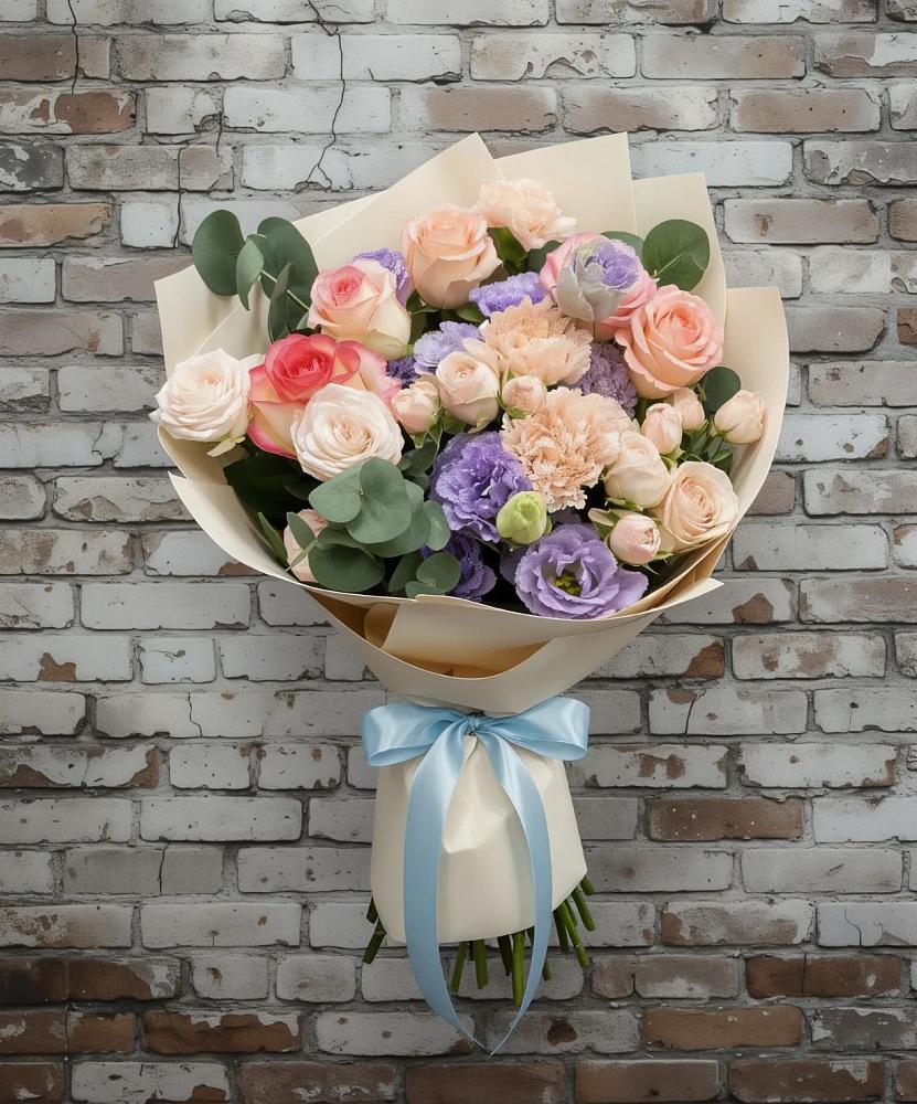 Букет цветов из: Розы, Лизиантусы и Гвоздики в Марков Лес