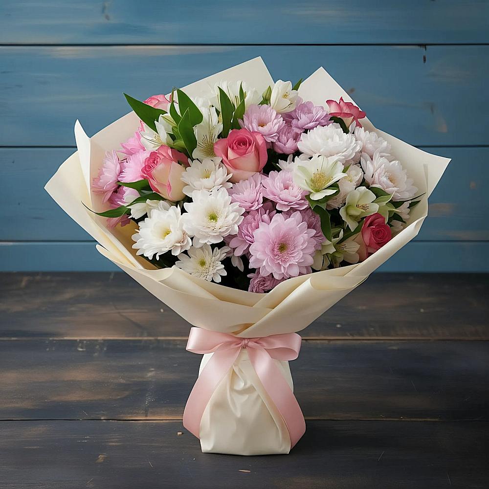 Букет цветов из: Хризантемы, Альстромерии и Розы в Марков Лес